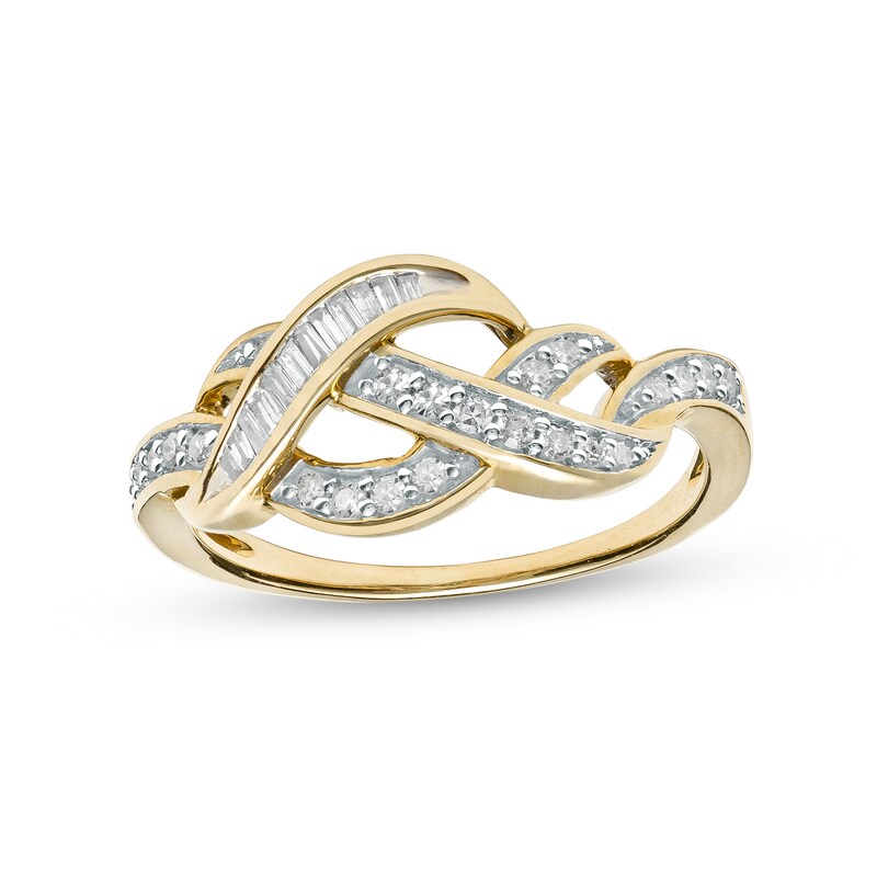 1/4 CT. T.W. Baguette and Round Diamond Twist Ring in 10K Gold | Zales