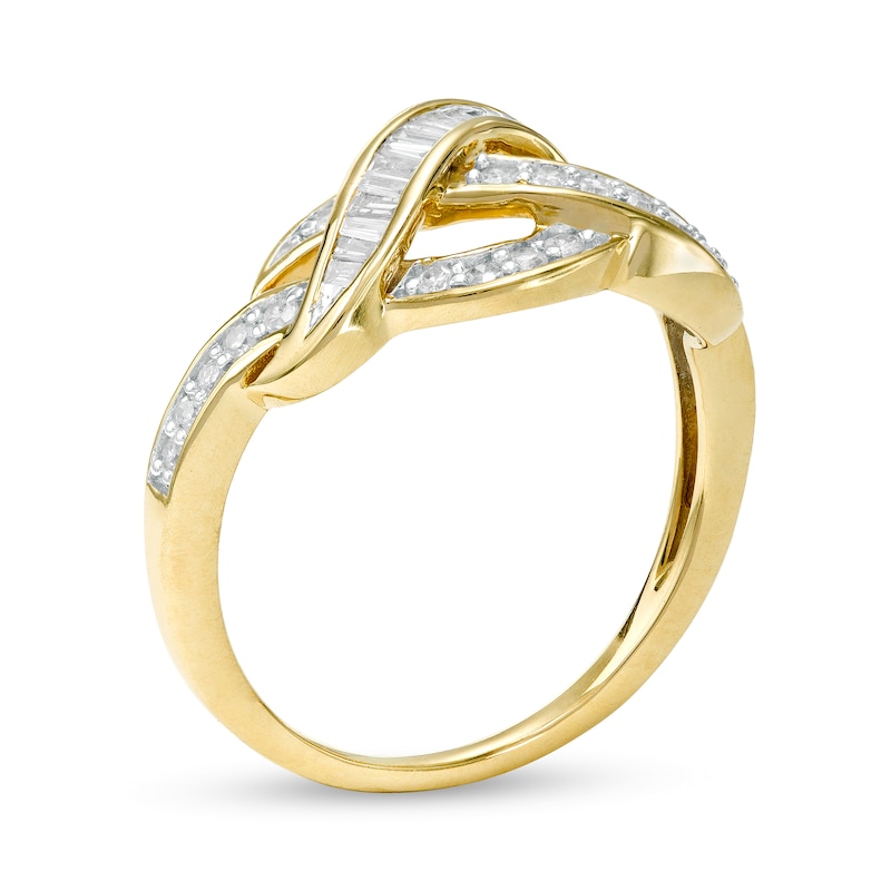 Main Image 3 of 1/4 CT. T.W. Baguette and Round Diamond Twist Ring in 10K Gold