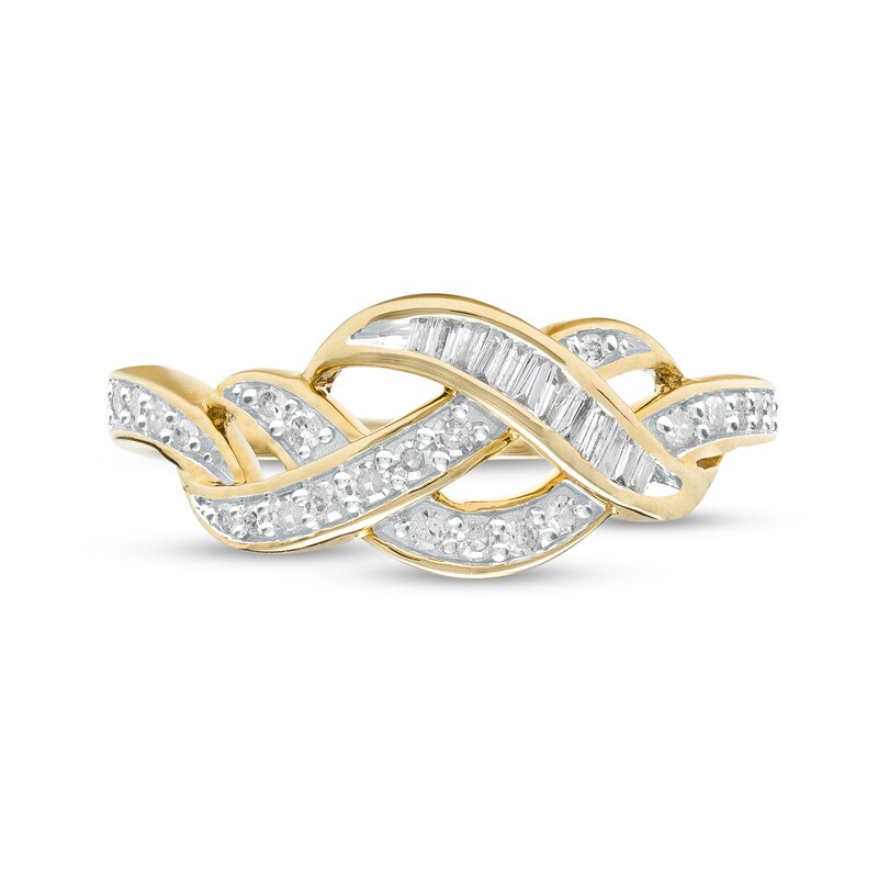 Main Image 4 of 1/4 CT. T.W. Baguette and Round Diamond Twist Ring in 10K Gold