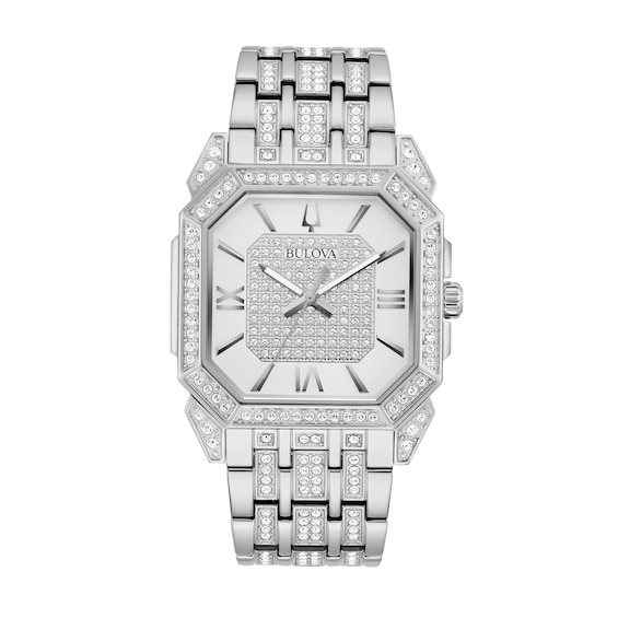 Men's Bulova Octava Crystal Watch with Octagonal Silver-Tone Dial (Model: 96A285)