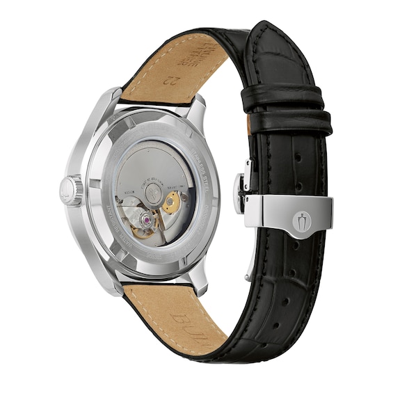 Men's Bulova Classic Wilton Automatic Black Leather Strap Watch with Blue Dial (Model: 96B385)
