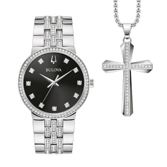 Men's Bulova Crystal Watch with Black Dial and Cross Pendant Box Set (Model: 96K110) - 24"