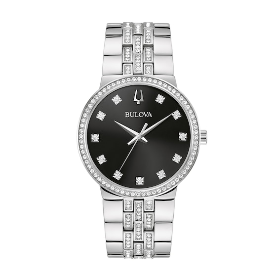 Men's Bulova Crystal Watch with Black Dial and Cross Pendant Box Set (Model: 96K110) - 24"