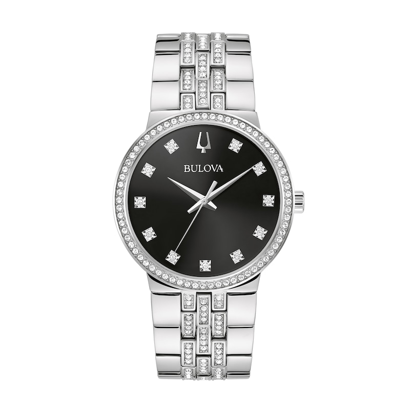 Men's Bulova Crystal Watch with Black Dial and Cross Pendant Box Set (Model: 96K110) - 24"