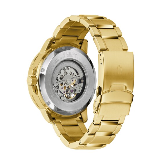 Men's Bulova Marine Star Gold-Tone Automatic Watch with Black Skeleton Dial (Model: 97A174)