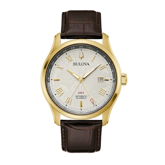 Men's Bulova Classic Wilton Gold-Tone Automatic Brown Leather Strap Watch with Silver-Tone Dial (Model: 97B210)