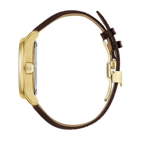 Men's Bulova Classic Wilton Gold-Tone Automatic Brown Leather Strap Watch with Silver-Tone Dial (Model: 97B210)