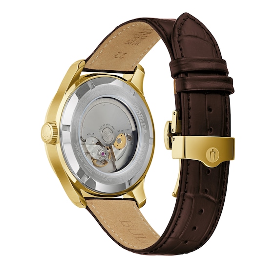 Men's Bulova Classic Wilton Gold-Tone Automatic Brown Leather Strap Watch with Silver-Tone Dial (Model: 97B210)