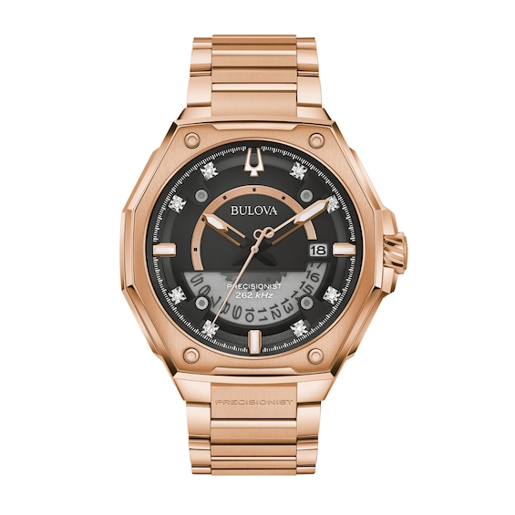 Men's Bulova Precisionist X Diamond Accent Rose-Tone Watch with Black Dial (Model: 97D129)