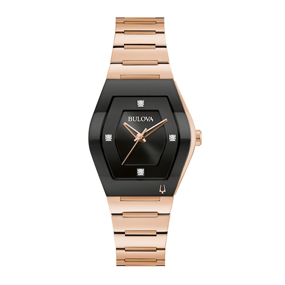 Ladies' Bulova Modern Gemini Diamond Accent Rose-Tone Watch with Tonneau Black Dial (Model: 97P158)