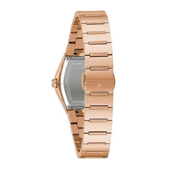 Ladies' Bulova Modern Gemini Diamond Accent Rose-Tone Watch with Tonneau Black Dial (Model: 97P158)