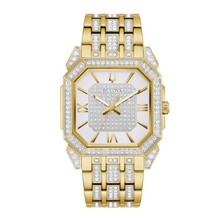Men's Bulova Octava Crystal Gold-Tone Watch with Octagonal Silver-Tone Dial (Model: 98A295)