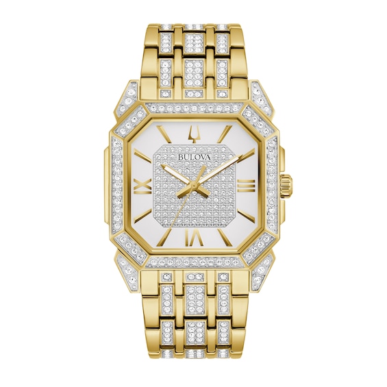 Men's Bulova Octava Crystal Gold-Tone Watch with Octagonal Silver-Tone Dial (Model: 98A295)