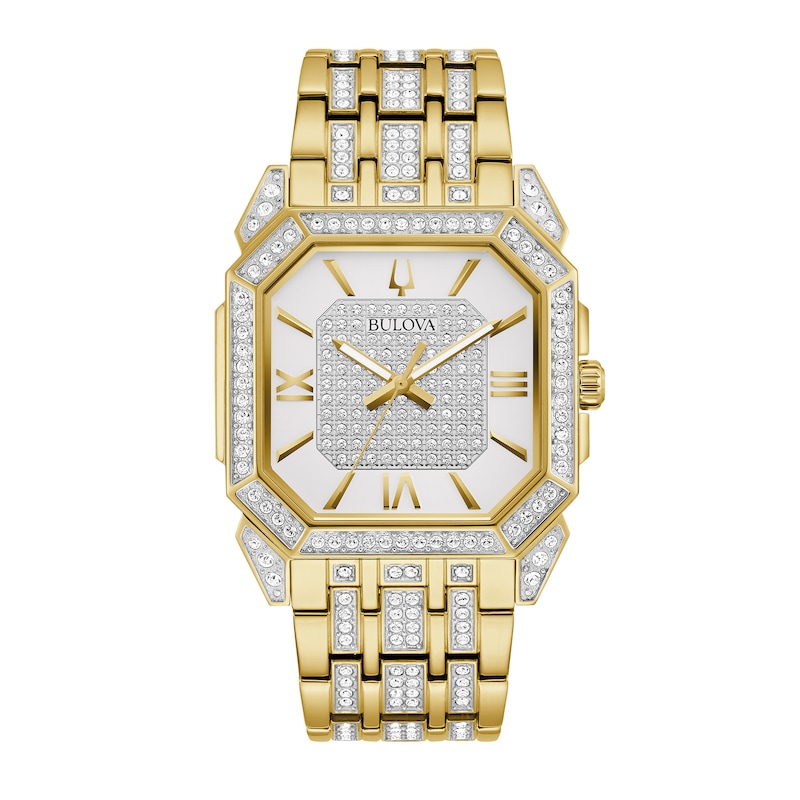 Men's Bulova Octava Crystal Gold-Tone Watch with Octagonal Silver-Tone Dial (Model: 98A295)