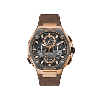 Men's Bulova Precisionist X Rose-Tone Chronograph Brown Leather Strap Watch with Black Dial (Model: 98B356)