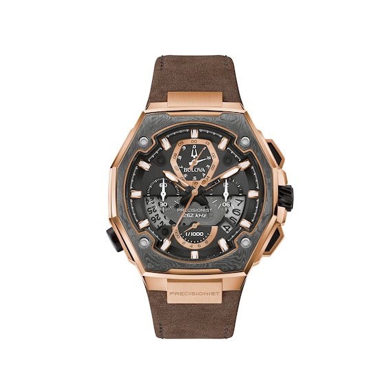 Men's Bulova Precisionist X Rose-Tone Chronograph Brown Leather Strap Watch with Black Dial (Model: 98B356)