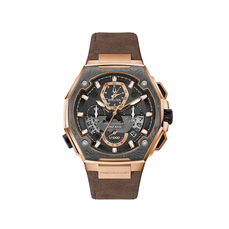 Men's Bulova Precisionist X Rose-Tone Chronograph Brown Leather Strap Watch with Black Dial (Model: 98B356)