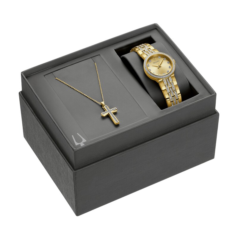 Main Image 1 of Ladies' Bulova Crystal Gold-Tone Watch with Champagne Dial and Cross Pendant Box Set (Model: 98X133)