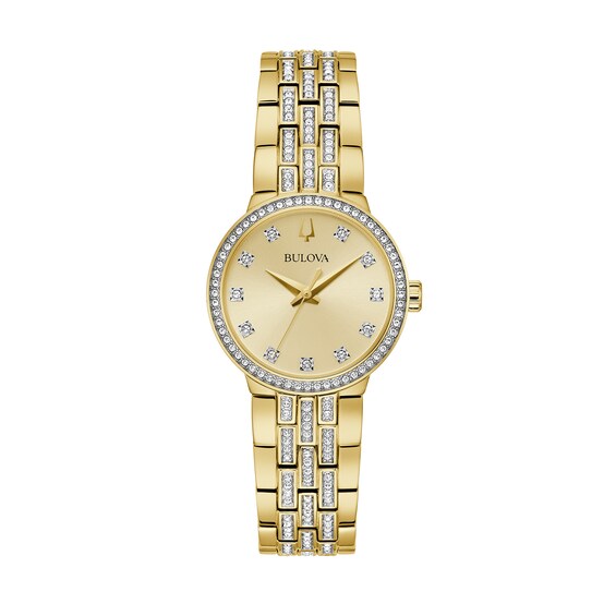 Ladies' Bulova Crystal Gold-Tone Watch with Champagne Dial and Cross Pendant Box Set (Model: 98X133)