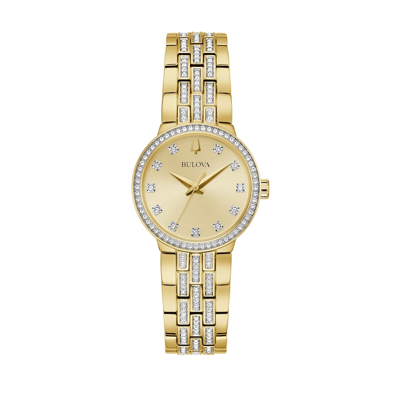 Main Image 2 of Ladies' Bulova Crystal Gold-Tone Watch with Champagne Dial and Cross Pendant Box Set (Model: 98X133)