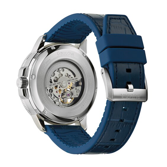 Men's Bulova Marine Star Automatic Blue Leather Strap Watch with Blue Skeleton Dial (Model: 96A291)