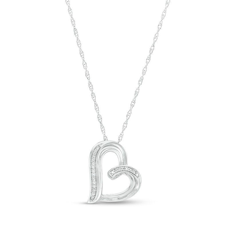 Diamond Tilted Heart Necklace, Silver or White Gold