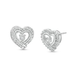 Diamond Accent Heart Beaded Frame Stud Earrings in Sterling Silver