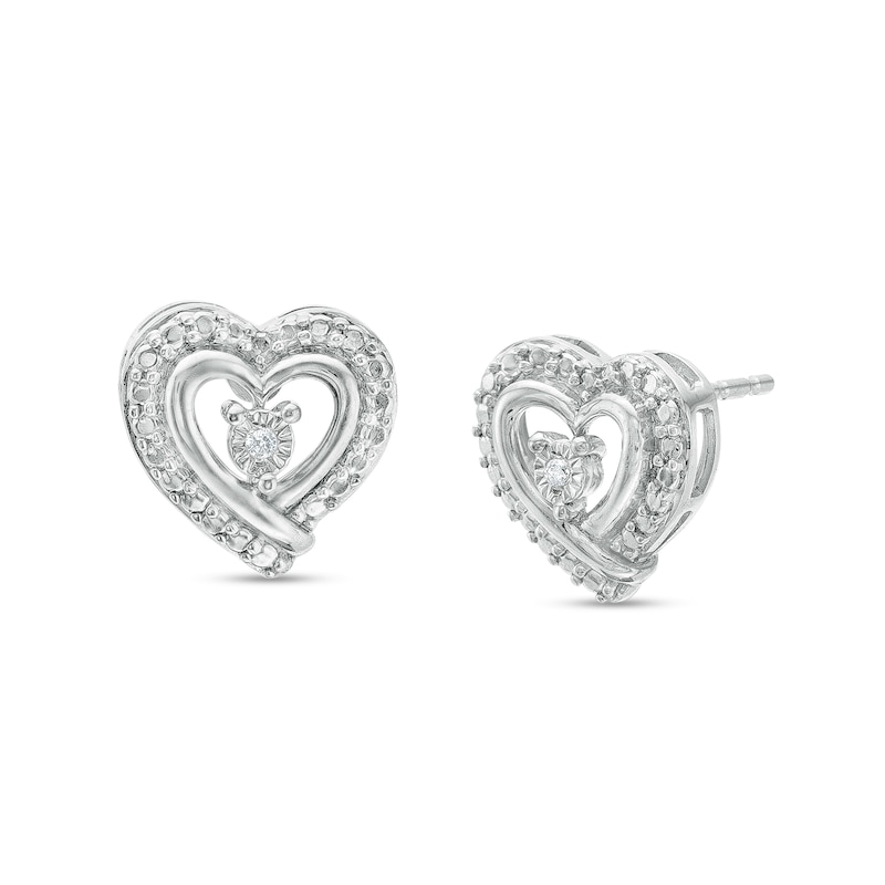 Main Image 1 of Diamond Accent Heart Beaded Frame Stud Earrings in Sterling Silver