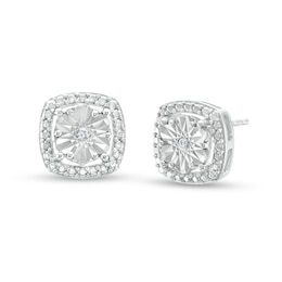 Diamond Accent Beaded Cushion-Shaped Frame Stud Earrings in Sterling Silver