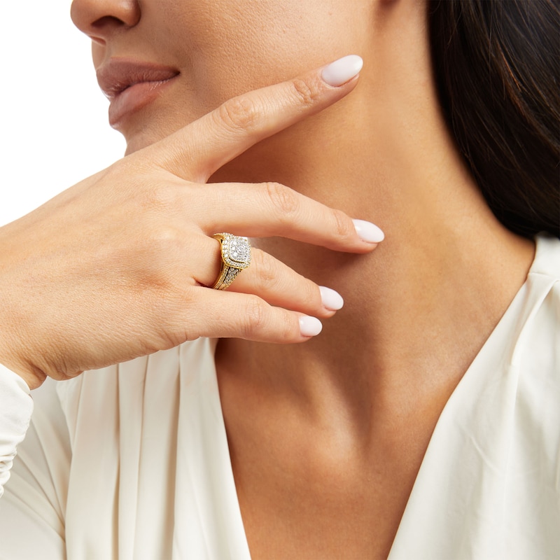 Main Image 2 of 1 CT. T.W. Cushion-Shaped Multi-Diamond Frame Triple Row Ring in 10K Two-Tone Gold