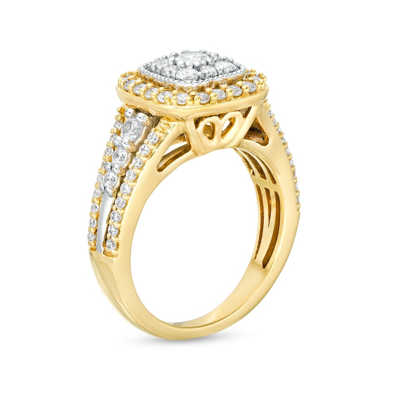 Main Image 3 of 1 CT. T.W. Cushion-Shaped Multi-Diamond Frame Triple Row Ring in 10K Two-Tone Gold