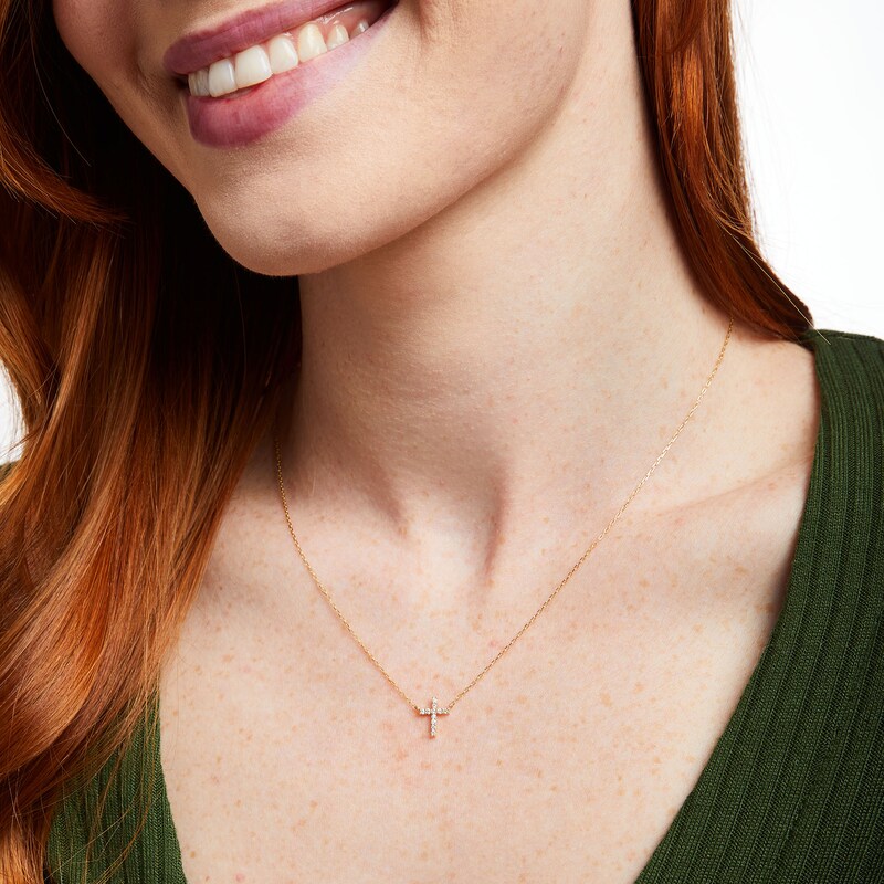 Main Image 2 of 1/10 CT. T.W. Diamond Cross Necklace in 10K Gold