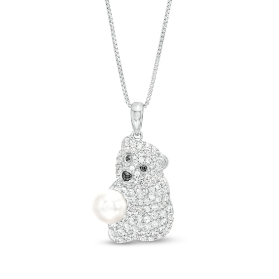 6.0mm Freshwater Cultured Pearl and White Lab-Created Sapphire Polar Bear Pendant in Sterling Silver