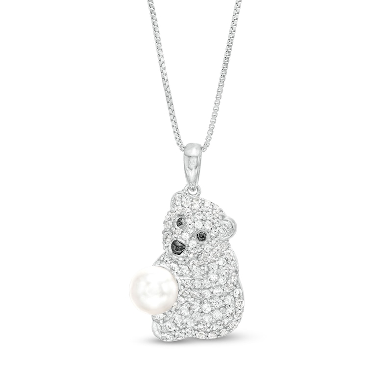 Main Image 1 of 6.0mm Freshwater Cultured Pearl and White Lab-Created Sapphire Polar Bear Pendant in Sterling Silver