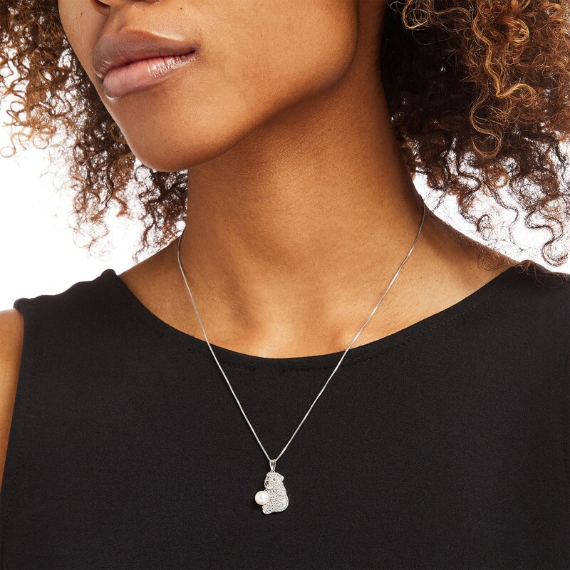 Main Image 2 of 6.0mm Freshwater Cultured Pearl and White Lab-Created Sapphire Polar Bear Pendant in Sterling Silver