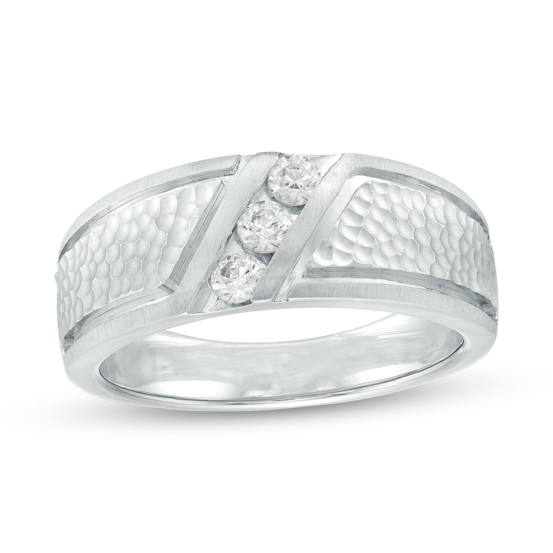 Main Image 1 of 1/3 CT. T.W. Diamond Textured Shank Three Stone Wedding Band in 10K White Gold