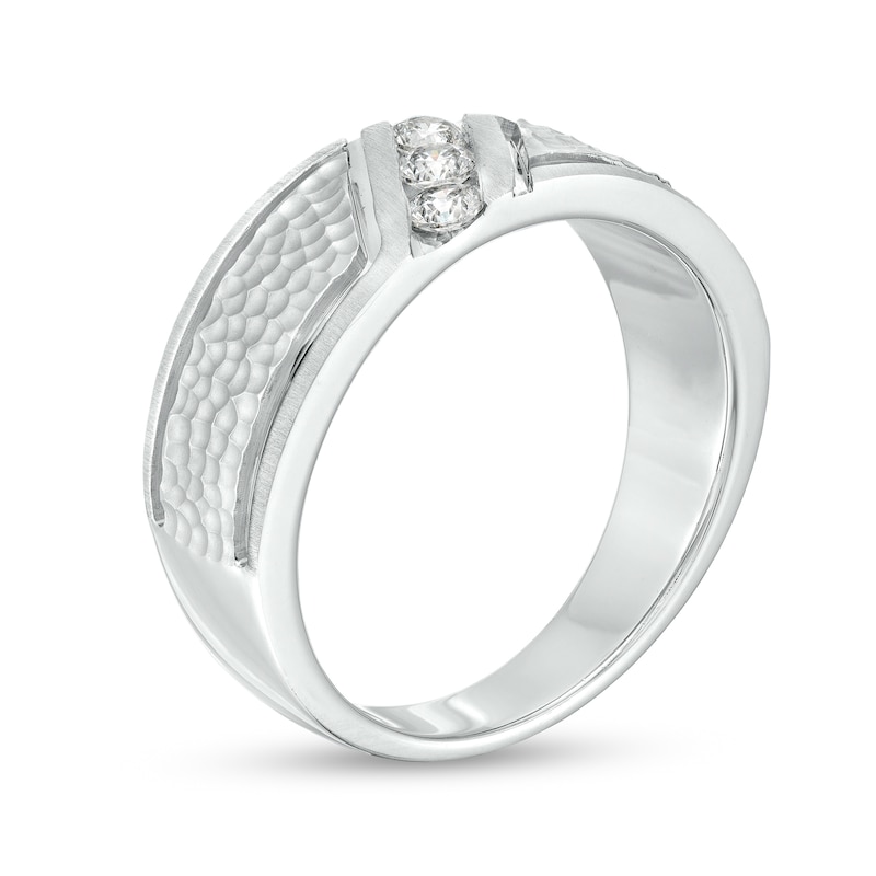 Main Image 3 of 1/3 CT. T.W. Diamond Textured Shank Three Stone Wedding Band in 10K White Gold