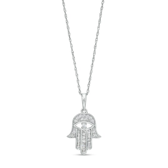 1/5 CT. T.w. Baguette and Round Diamond Hamsa with Evil Eye Pendant in 10K White Gold