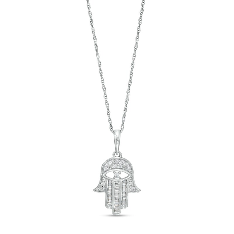 Main Image 1 of 1/5 CT. T.W. Baguette and Round Diamond Hamsa with Evil Eye Pendant in 10K White Gold