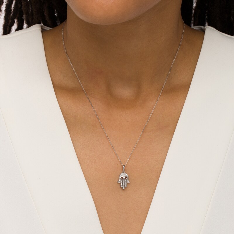 Main Image 2 of 1/5 CT. T.W. Baguette and Round Diamond Hamsa with Evil Eye Pendant in 10K White Gold