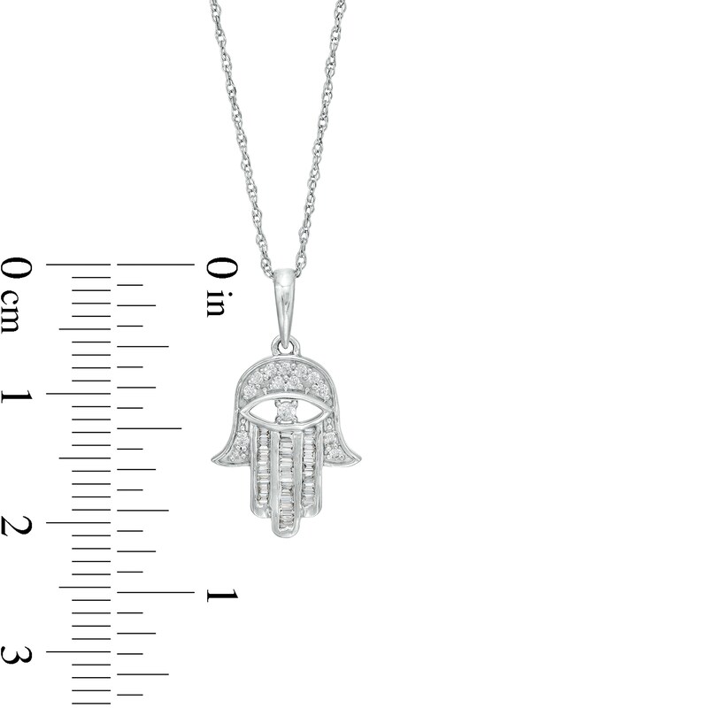 Main Image 3 of 1/5 CT. T.W. Baguette and Round Diamond Hamsa with Evil Eye Pendant in 10K White Gold