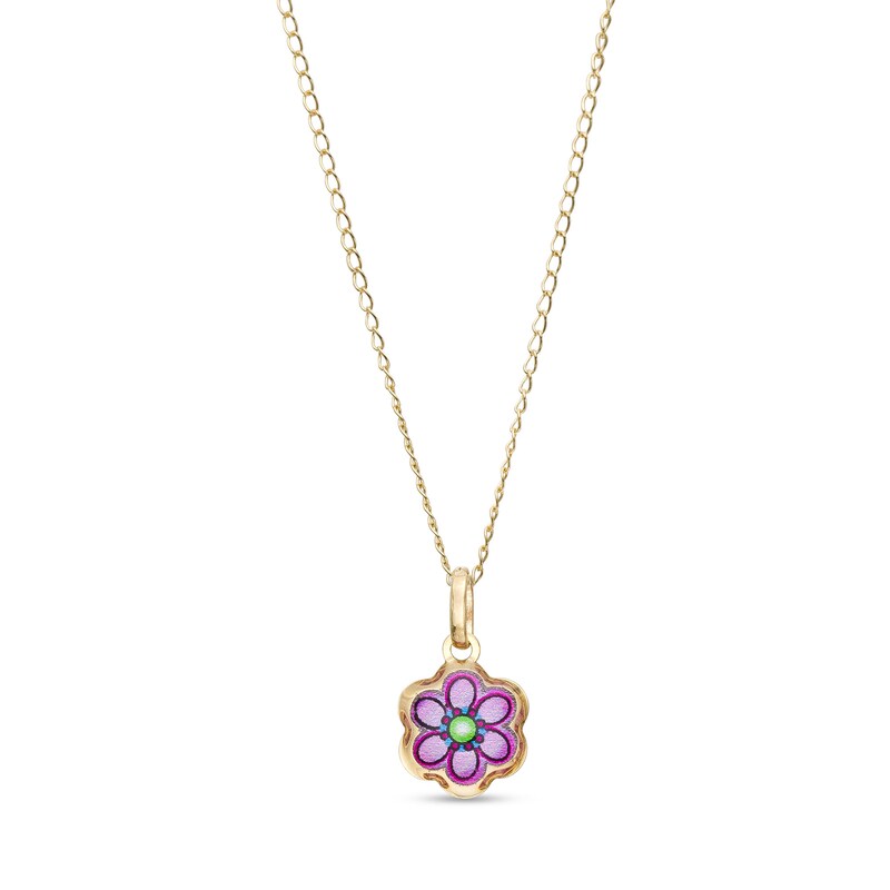 Main Image 1 of Child's Purple and Green Enamel Flower Pendant in 14K Gold – 13"