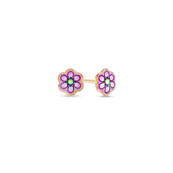 Child's Purple and Green Enamel Flower Stud Earrings in 14K Gold