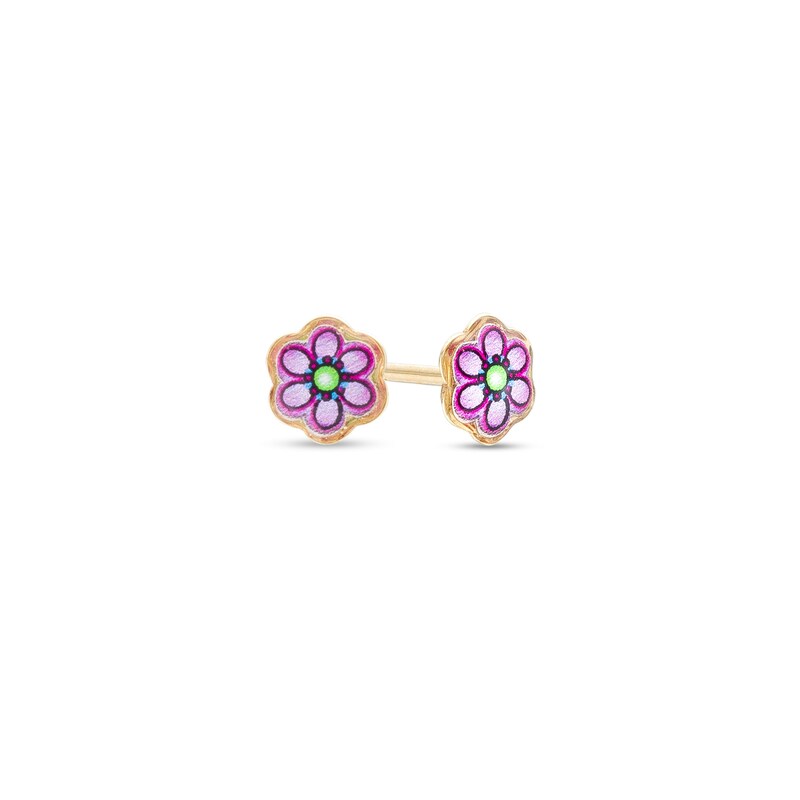 Main Image 1 of Child's Purple and Green Enamel Flower Stud Earrings in 14K Gold