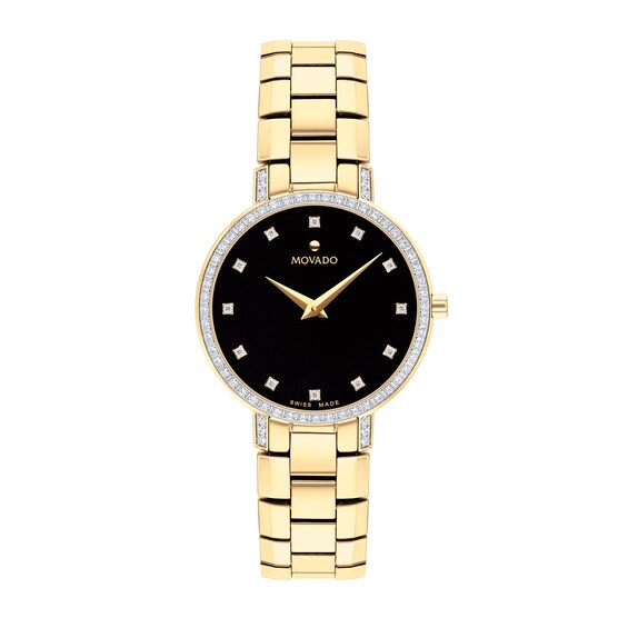 Ladies' Movado Faceto 1/3 CT. T.w. Diamond Gold-Tone PVD Watch with Black Dial (Model: 0607644)