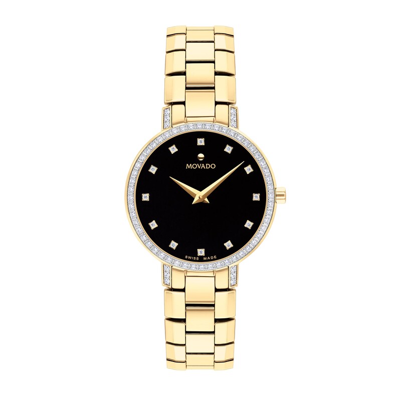 Main Image 1 of Ladies' Movado Faceto 1/3 CT. T.W. Diamond Gold-Tone PVD Watch with Black Dial (Model: 0607644)