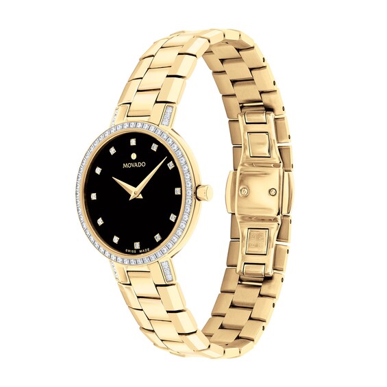 Ladies' Movado Faceto 1/3 CT. T.w. Diamond Gold-Tone PVD Watch with Black Dial (Model: 0607644)