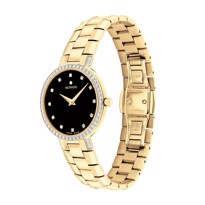 Main Image 2 of Ladies' Movado Faceto 1/3 CT. T.W. Diamond Gold-Tone PVD Watch with Black Dial (Model: 0607644)