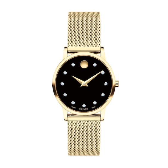 Ladies' Movado Museum Classic 1/20 CT. T.w. Diamond Gold-Tone IP Mesh Watch with Black Dial (Model: 0607628)