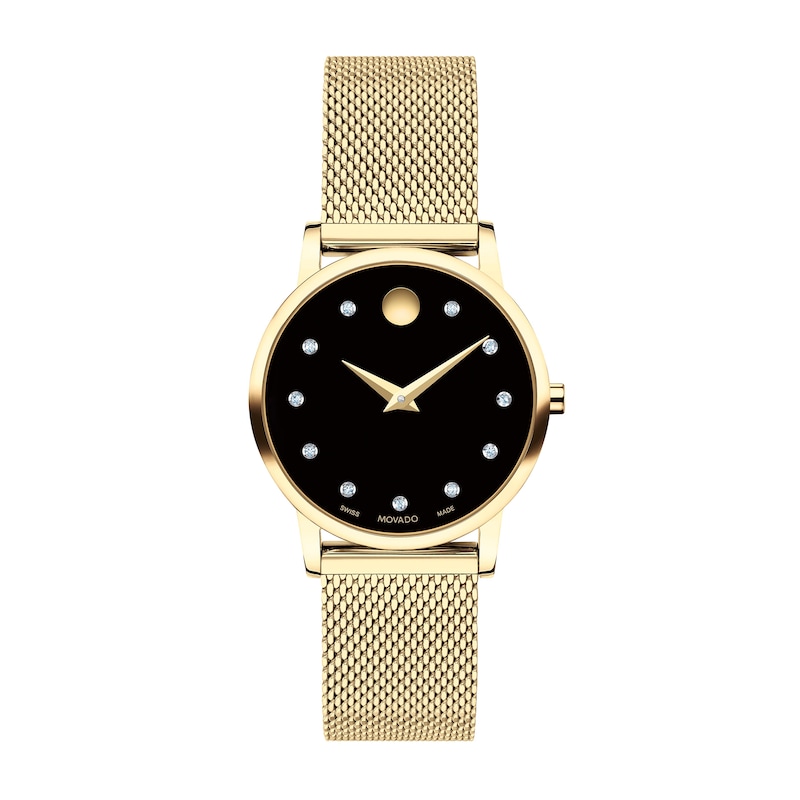 Main Image 1 of Ladies' Movado Museum Classic 1/20 CT. T.W. Diamond Gold-Tone IP Mesh Watch with Black Dial (Model: 0607628)